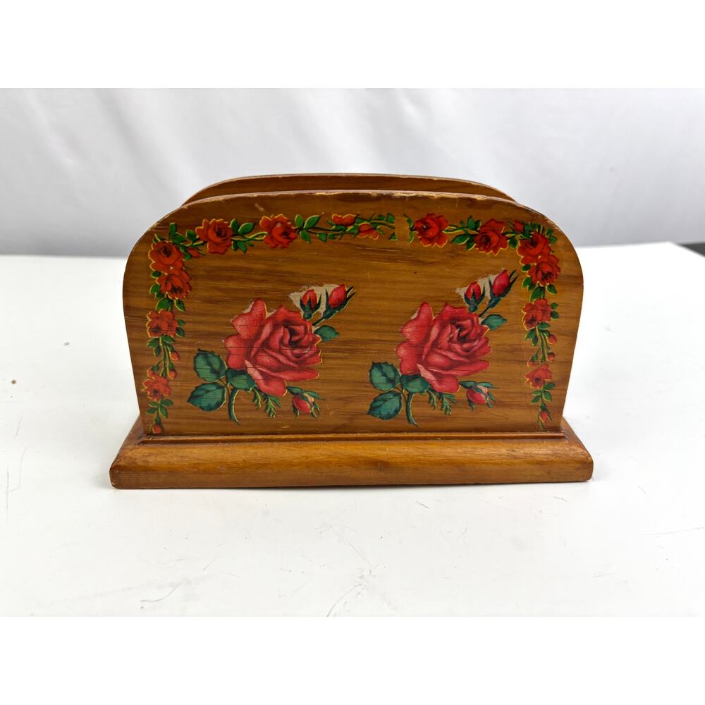 Vintage‎ Hand-Painted Wooden Napkin Holder Red Rose Floral Design 1990s